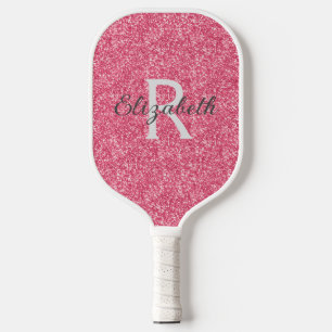 Monogram Pink Glitter Grey Sparkle Trendy Glam Pickleball Paddle