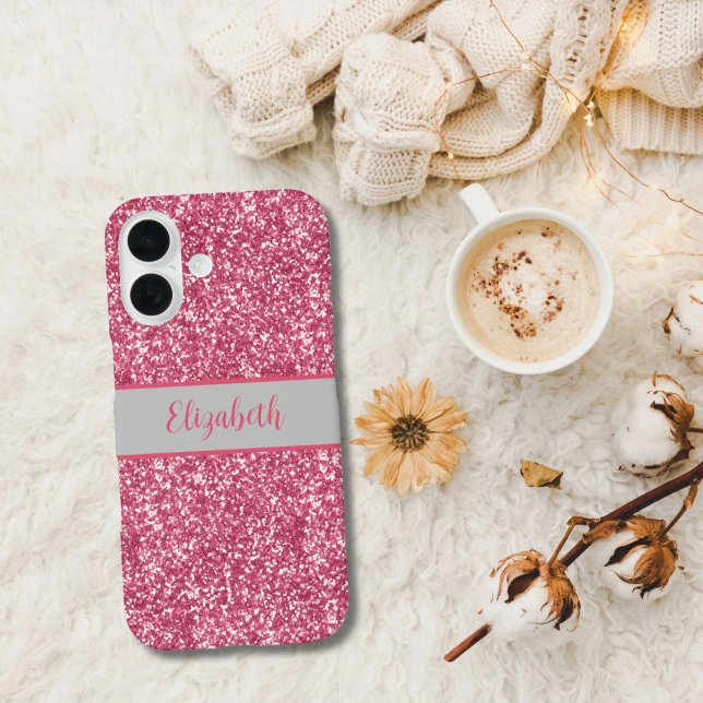 Monogram Pink Glitter Grey Trendy Glam Bling Case-Mate iPhone Case (Pink Glitter Monogrammed Name iPhone 16, 15, 14, 13, 12 case.  Available in all current iPhone cases)