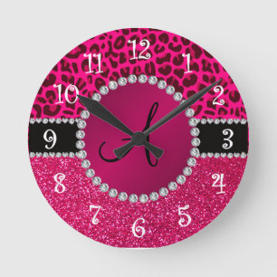Monogram pink glitter neon hot pink leopard round clock