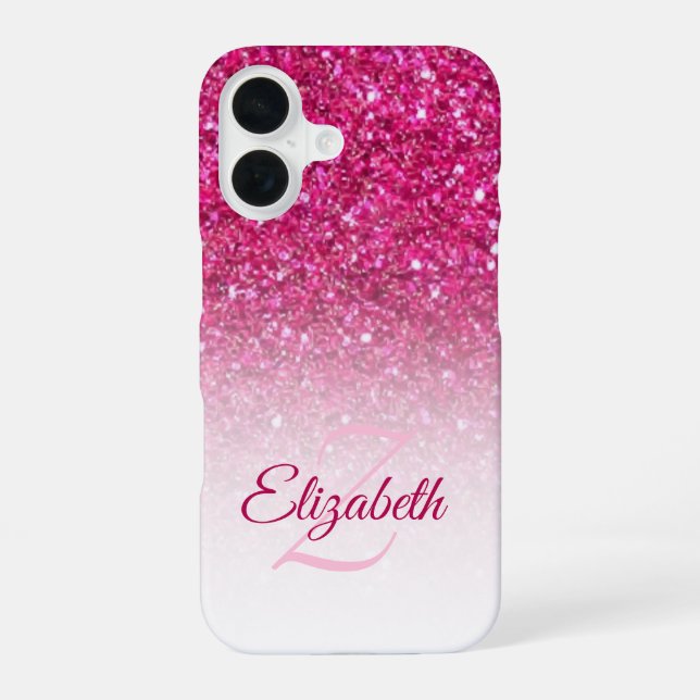 Monogram Pink Glitter Ombre First Name Custom iPhone 16 Case (Back)