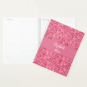 Monogram Pink Glitter White Trendy Glam Yearly Planner