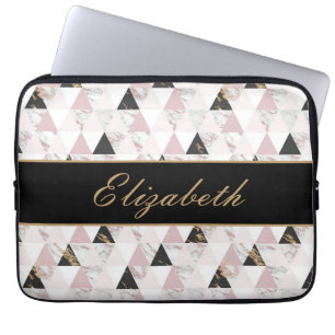 Monogram Pink Gold Black White Marble Geometric  Laptop Sleeve