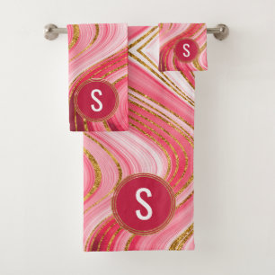 Monogram Pink Gold Geode Agate Glitter Bath Towel Set