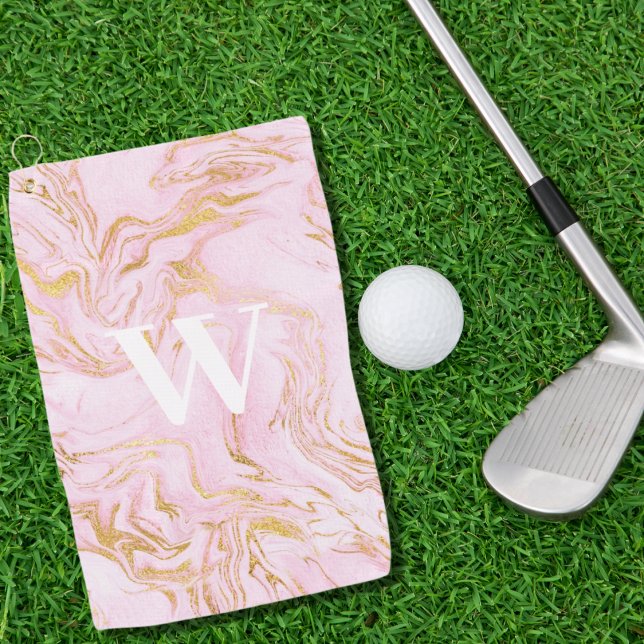 Monogram Pink Gold Glitter Marble  Golf Towel (Creator Uploaded)