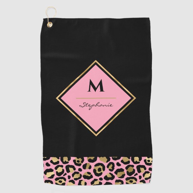 Monogram  Pink & Gold Leopard Print | Colour Block Golf Towel (Front)