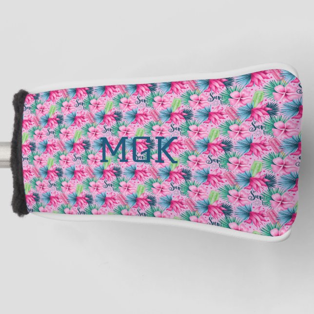 Monogram Pink Green Blue Floral Bright Tropical  Golf Head Cover (Front)