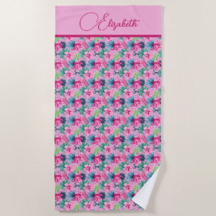 Monogram Pink Green Blue Tropical Flowers Beach Towel