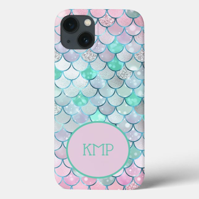 Monogram Pink Green Glitter Mermaid Scales Case-Mate iPhone Case (Back)