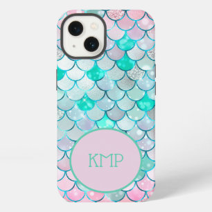 Monogram Pink Green Glitter Mermaid Scales iPhone 13 Case