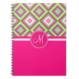 Monogram Pink Green Grey Diamonds Square Pattern Notebook