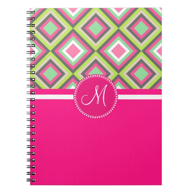 Monogram Pink Green Grey Diamonds Square Pattern Notebook (Front)