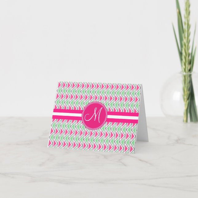 Monogram Pink Green Grey Triangle Tribal Pattern Note Card (Front)