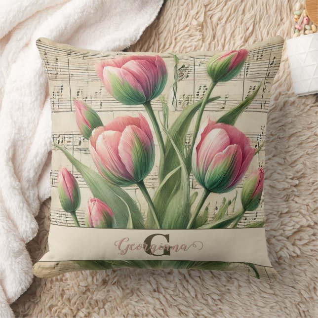 Monogram Pink & Green Vintage Tulips Sheet Music Cushion (Blanket)