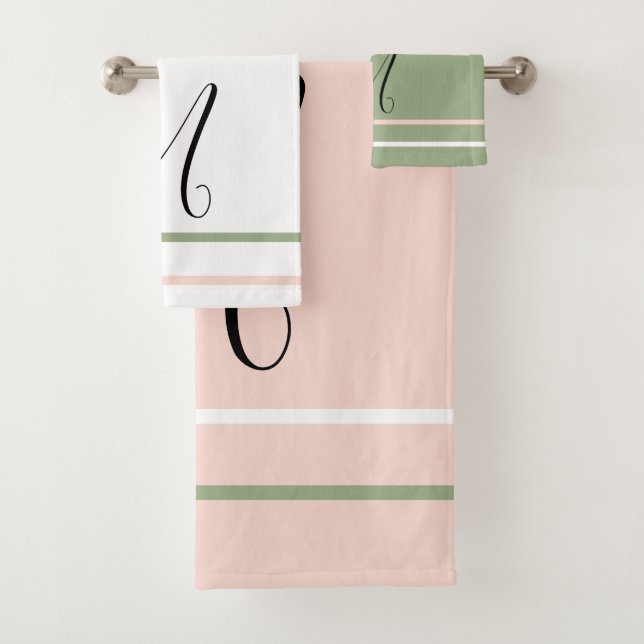 Monogram Pink Green White Stripes Bath Towel Set (Insitu)