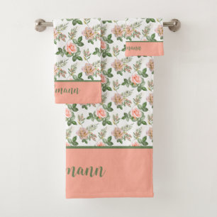 Monogram Pink Grey Floral Flowers Roses Gift Bath Towel Set