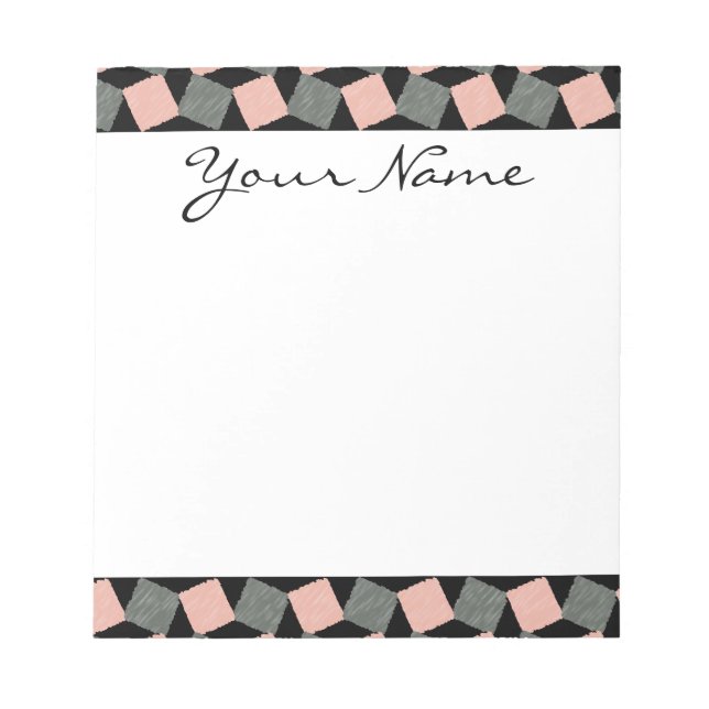 Monogram Pink Grey Geometric Ikat Square Pattern Notepad (Front)