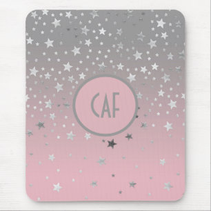 Monogram Pink Grey Stars Ombre Trendy Chic Mouse Pad