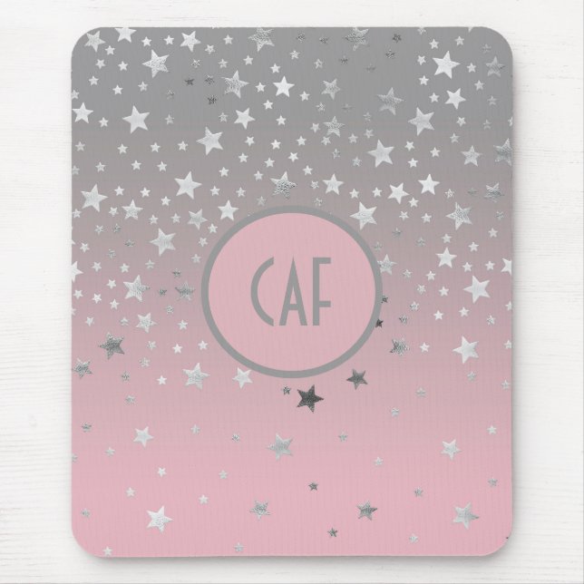 Monogram Pink Grey Stars Ombre Trendy Chic Mouse Pad (Front)