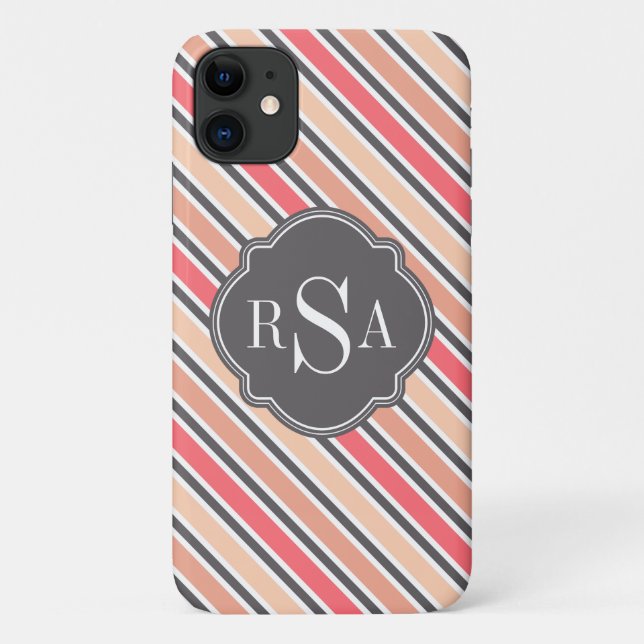 Monogram Pink Grey White Stripe Pattern Case-Mate iPhone Case (Back)