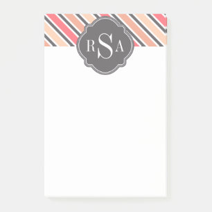 Monogram Pink Grey White Stripe Pattern Post-it Notes