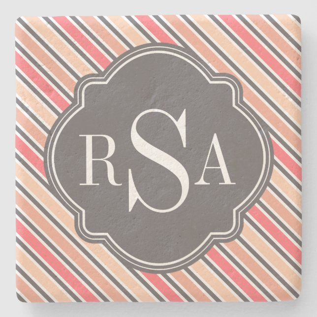 Monogram Pink Grey White Stripe Pattern Stone Coaster (Front)
