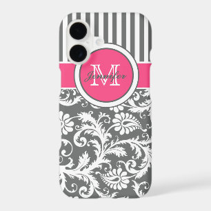Monogram Pink Grey White Striped Damask