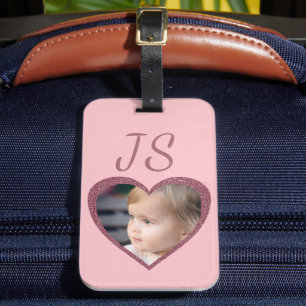 Monogram Pink Hearts Custom Kids Photo Luggage Tag