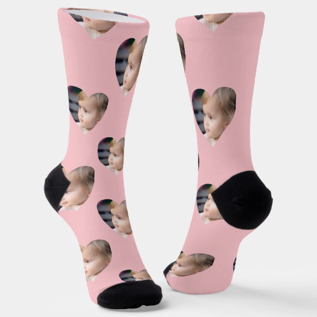 Monogram Pink Hearts Kids Photo Custom Face Socks (Angled)