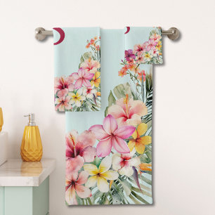 Monogram Pink Hibiscus Flowers Tropical Floral Bath Towel Set
