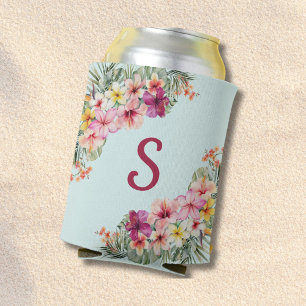 Monogram Pink Hibiscus Flowers Tropical Floral Can Cooler