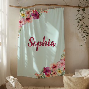 Monogram Pink Hibiscus Flowers Tropical Floral Fleece Blanket