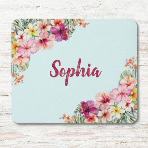 Monogram Pink Hibiscus Flowers Tropical Floral Mouse Pad