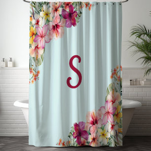 Monogram Pink Hibiscus Flowers Tropical Floral Shower Curtain