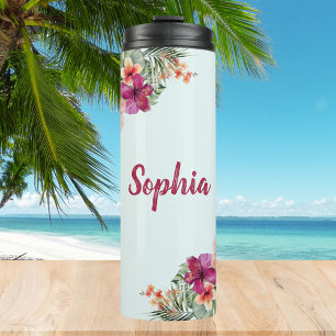 Monogram Pink  Hibiscus Flowers Tropical Floral  Thermal Tumbler