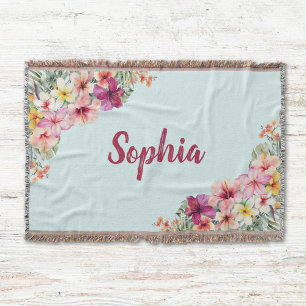 Monogram Pink Hibiscus Flowers Tropical Floral Throw Blanket