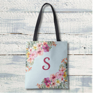 Monogram Pink Hibiscus Flowers Tropical Floral Tote Bag