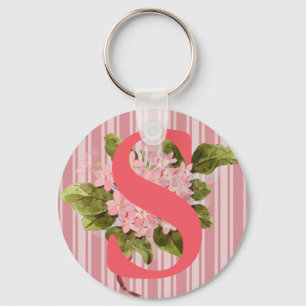 Monogram Pink Hydrangea Flowers Stripes Girly Key Ring