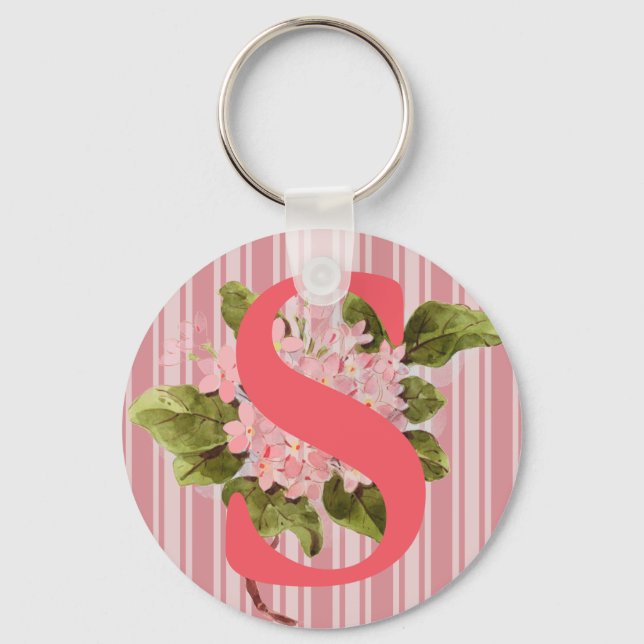 Monogram Pink Hydrangea Flowers Stripes Girly Key Ring (Front)