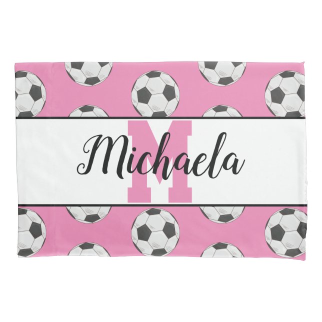 Monogram Pink Initial Soccer Ball Pattern Pillowcase (Front)