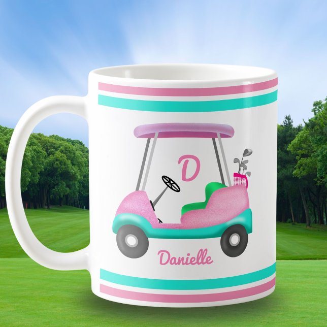 Monogram Pink Leather Elegant Golf Cart Name Coffee Mug (Creator Uploaded)