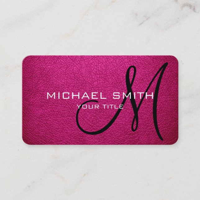 Monogram pink Leather Look Business Card (Front)