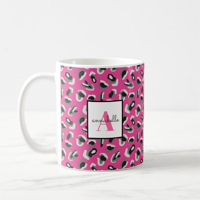 Monogram Pink Leopard Print Pattern Personalised Coffee Mug (Left)