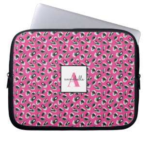 Monogram Pink Leopard Print Pattern Personalised Laptop Sleeve