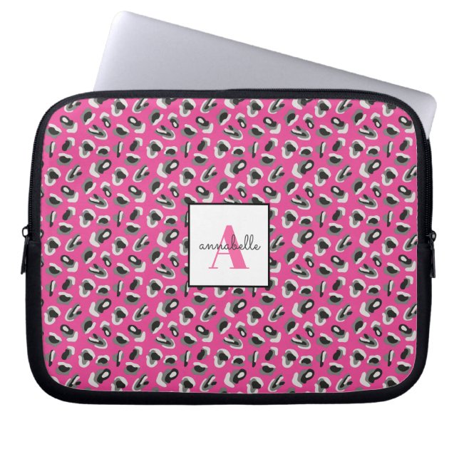 Monogram Pink Leopard Print Pattern Personalised Laptop Sleeve (Front)