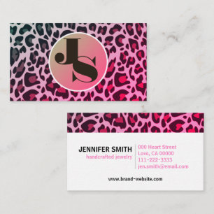 Monogram Pink Leopard Print Rockabilly Pattern  Business Card