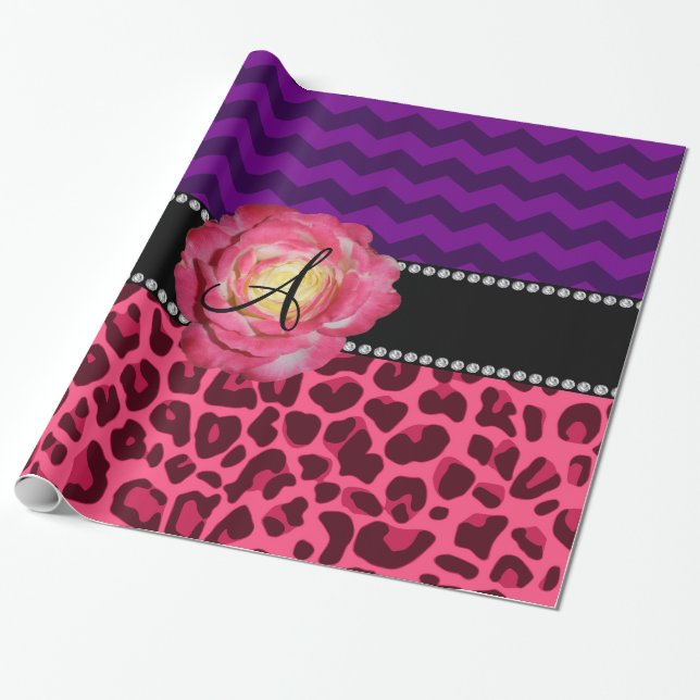 Monogram pink leopard purple chevrons wrapping paper (Unrolled)