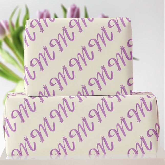 Monogram Pink Letter M on Cream Wrapping Paper (Perfect wrapping paper for your Mom for Mother's Day or her Birthday)