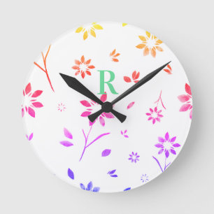 Monogram Pink Lilac Yellow Teal Watercolor Floral Round Clock