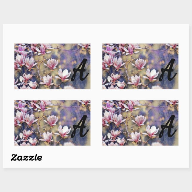 Monogram Pink magnolia branch watercolor purple Rectangular Sticker (Sheet)