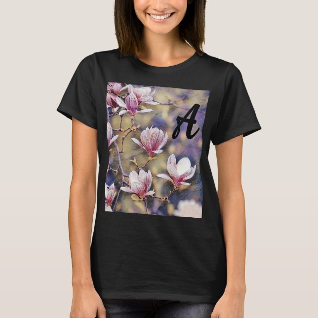 Monogram Pink magnolia branch watercolor purple T-Shirt (Front)